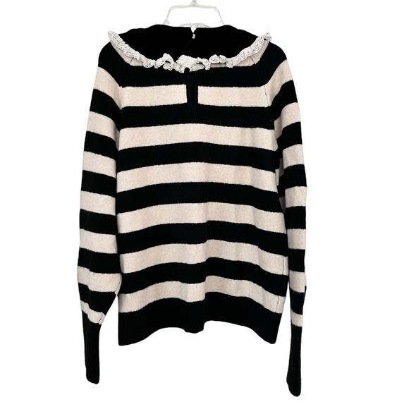Zara Black Cream Striped Velvet Lace Trim Bow Collar Sweater Size Small - Picture 6 of 11